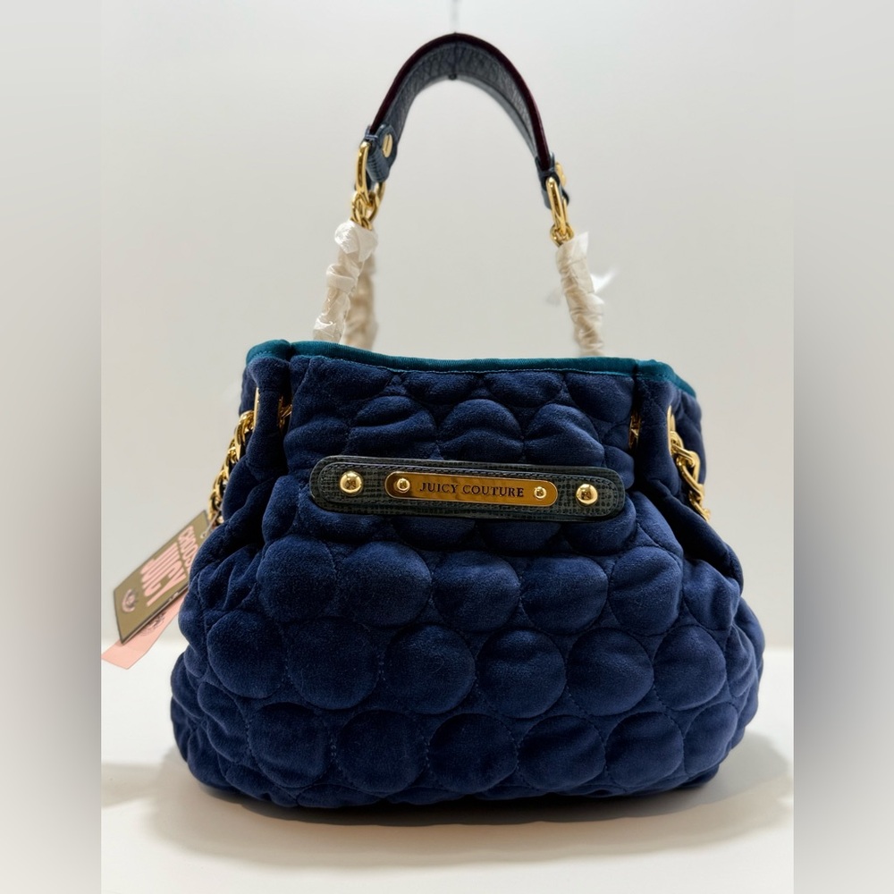Juicy Couture Y2K Navy Velour Bubble Quilted Satchel Gold Chain NWT